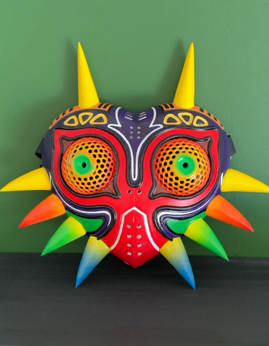 3D Printed and Hand Painted Marjora's Mask Replica, Designed and built for cosplay wear and comfort by Spritz and Pyro 2025